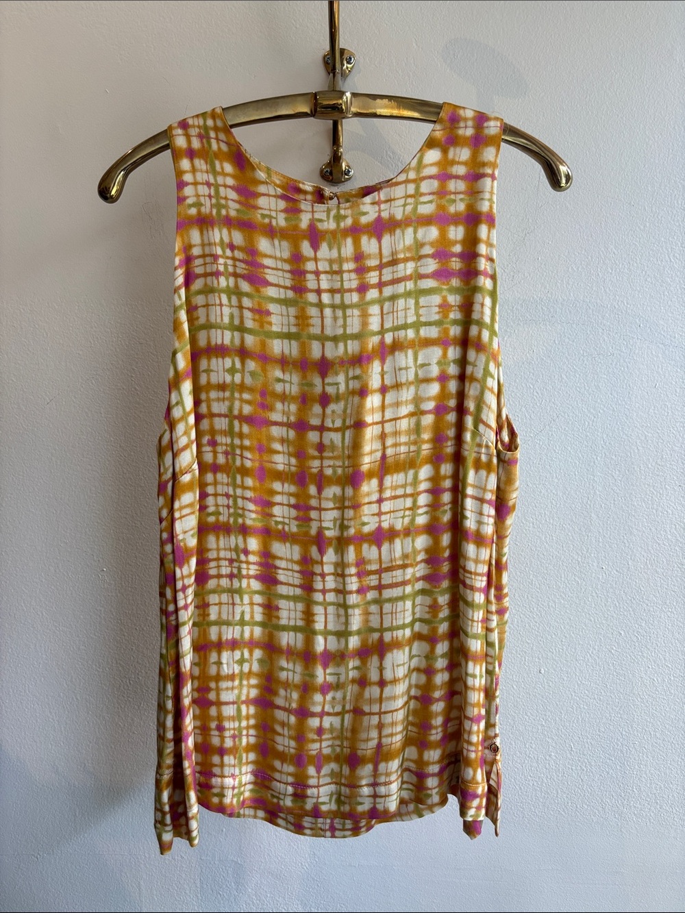 Tie-Dye Plaid Sleeveless Tank Top - Pink & Mustard